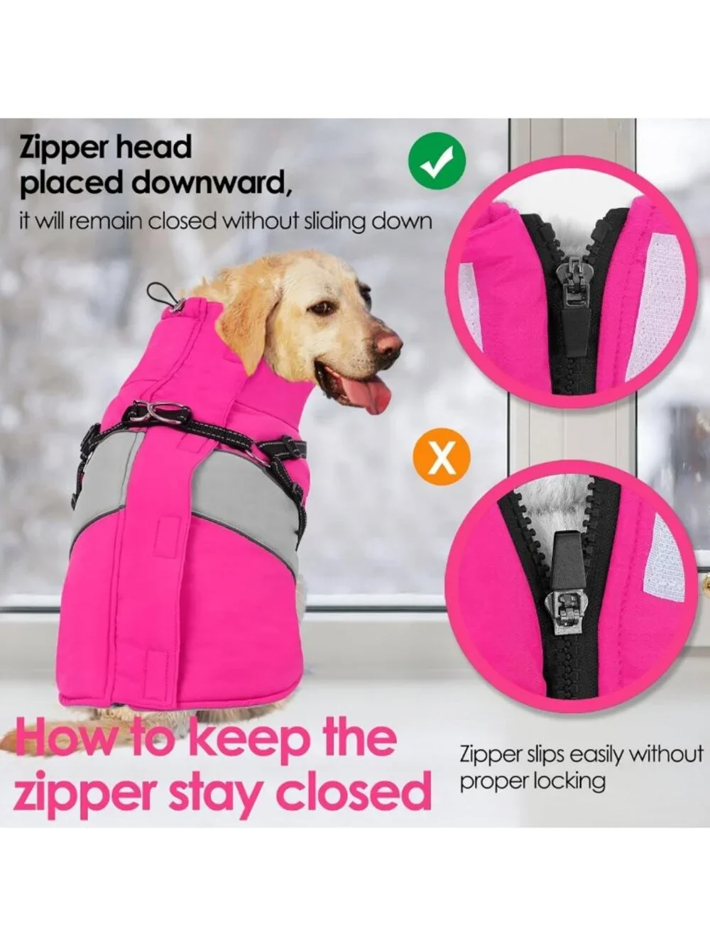 Warm Waterproof Dog Coat with Built-in Harness, Reflective Furry Collar, XXL